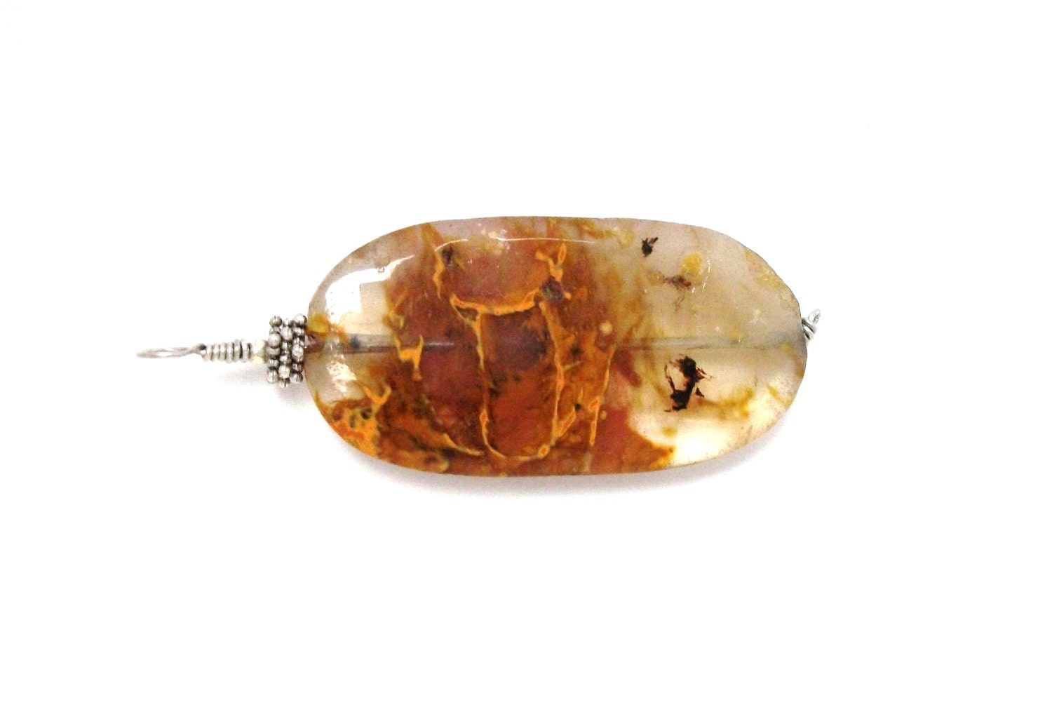 Fire Stone - FREE SHIPPING Wire Wrapped Pendant Long Oval Fire Cherry Resin Acrylic Mineral Orange Brown Heatwave Summer Fashion - Farizula