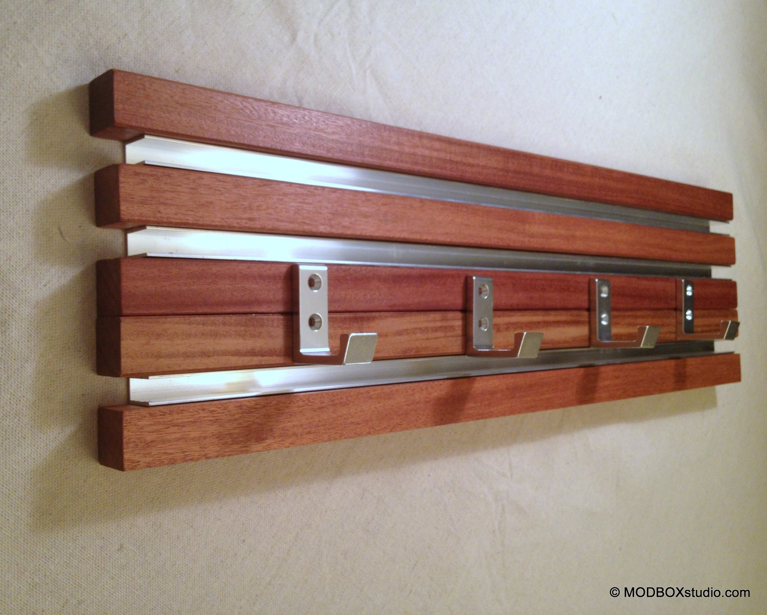 Wall Rack 4 Hook Wood & Metal Modern Key Hat 22" Wall Hanging Clear Finish