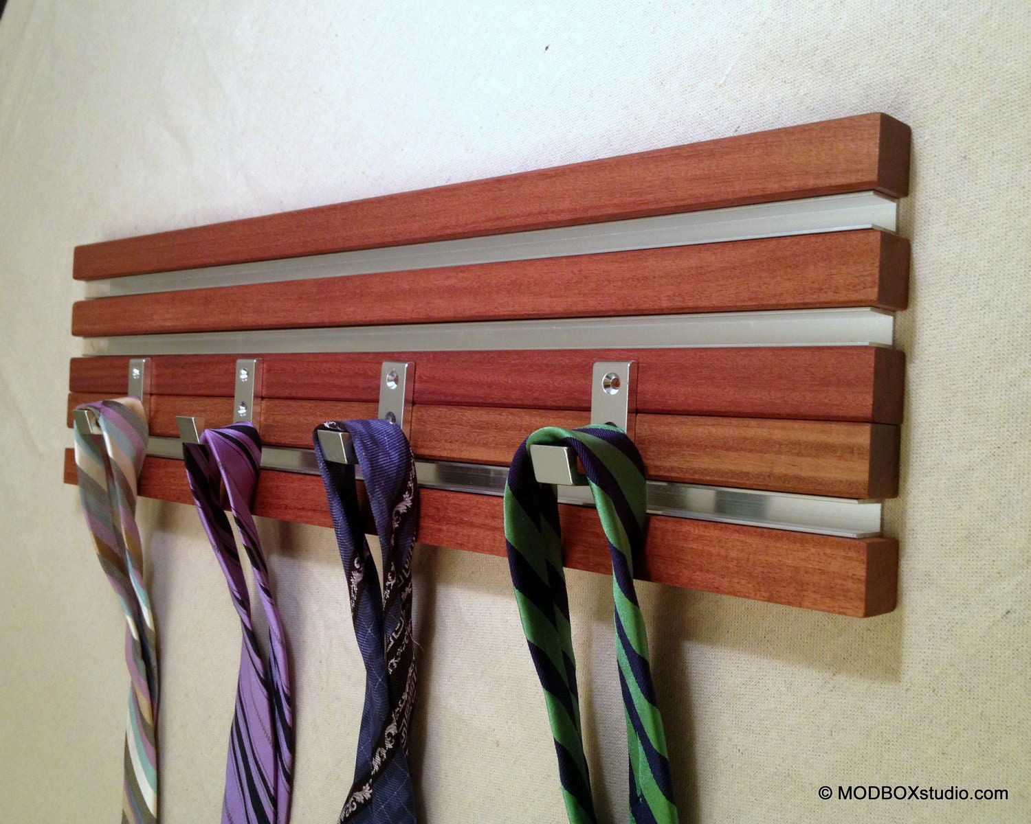 Wall Rack 4 Hook Wood & Metal Modern Key Hat 22" Wall Hanging Clear Finish