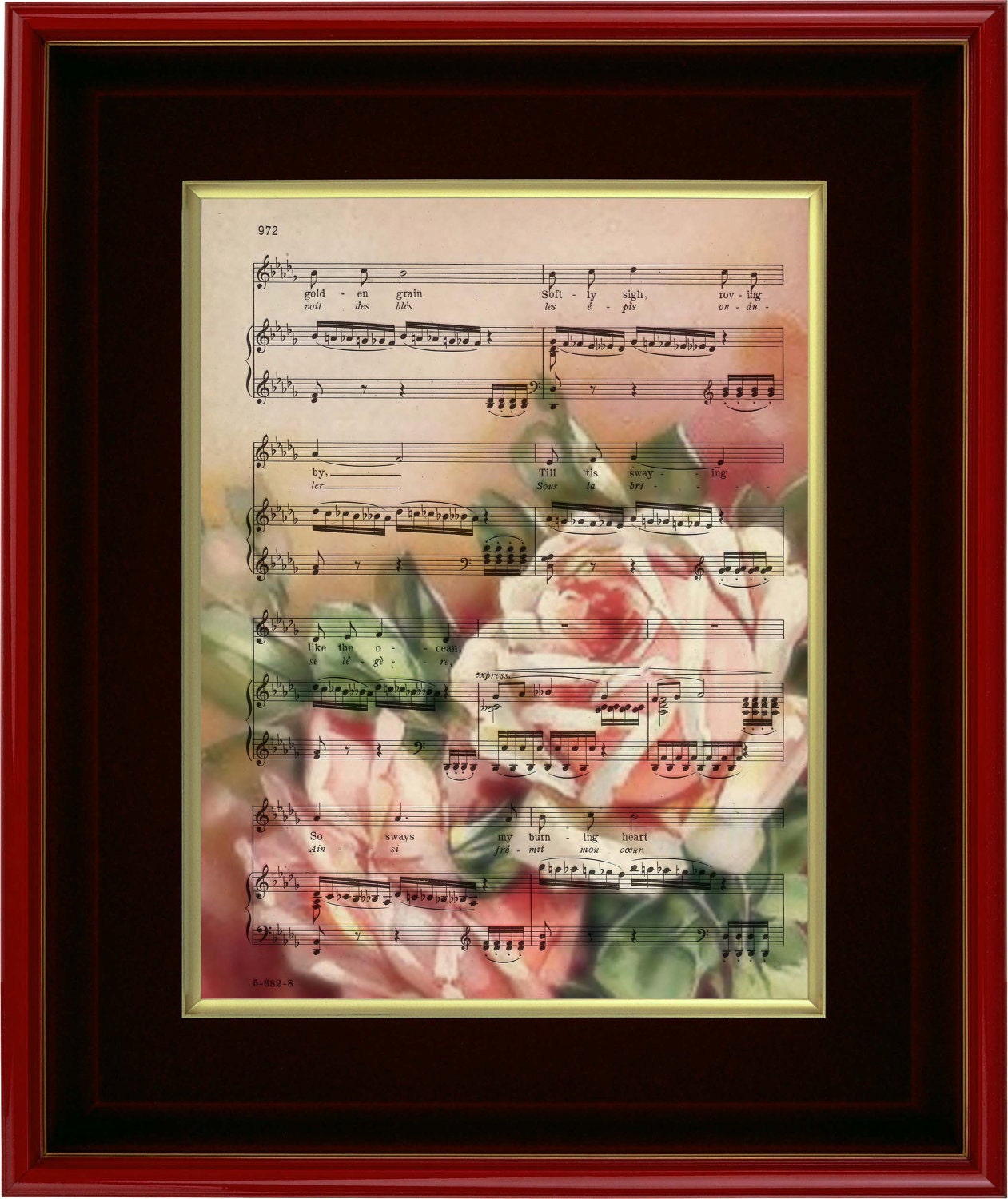 Art Print - Dipped In Roses - 8 1/2" x 11" Music Page - Art Print on Upcycled Music Page