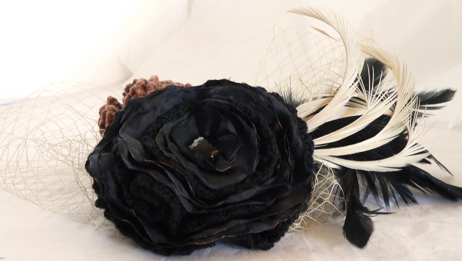 Black Fascinator Autumn Fascinator Brown Fascinator Crochet Flower OOAK