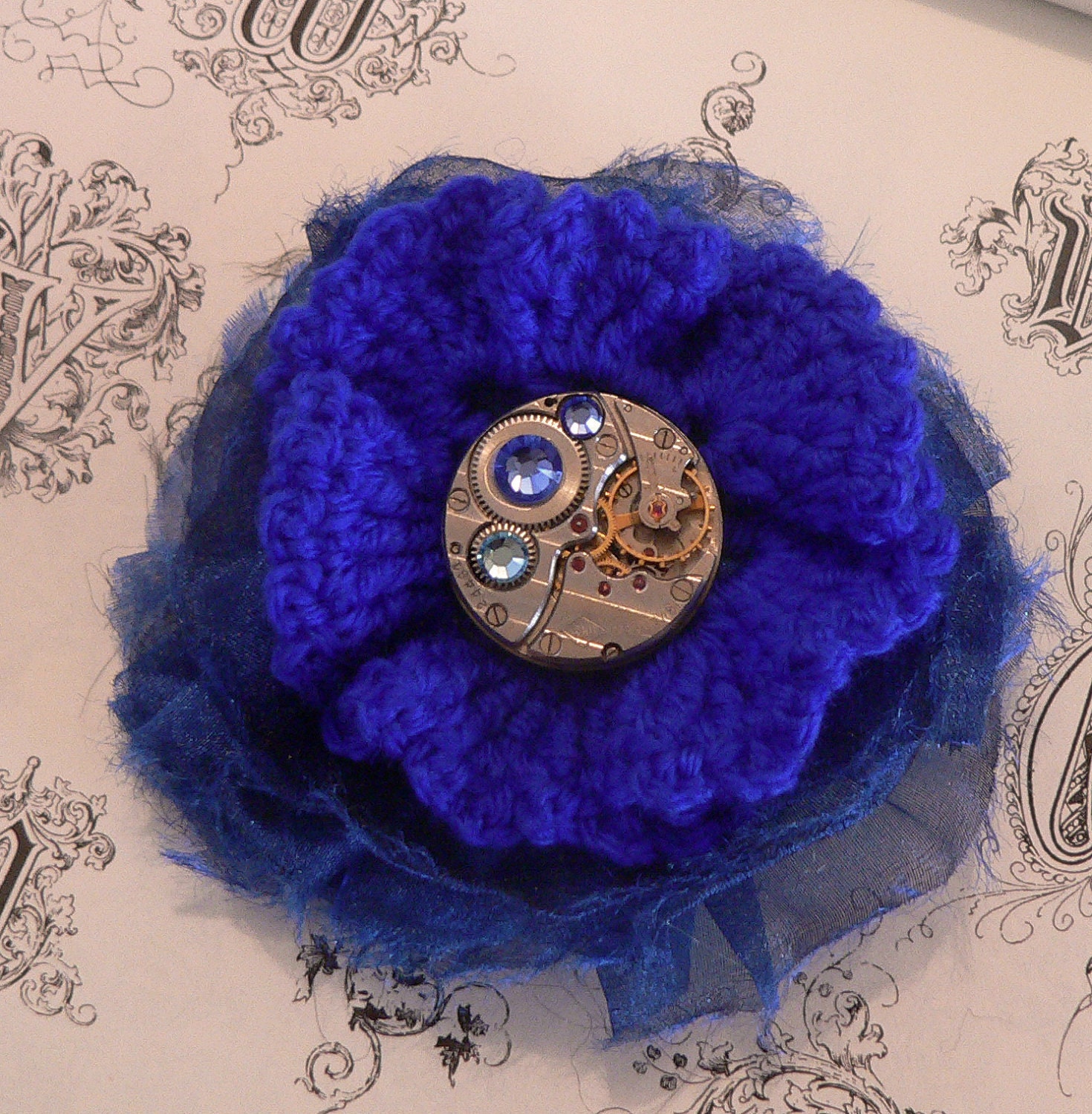 Blue Crochet Flower  boutonniere Organza hair clip brooch with Steampunk watchmovement