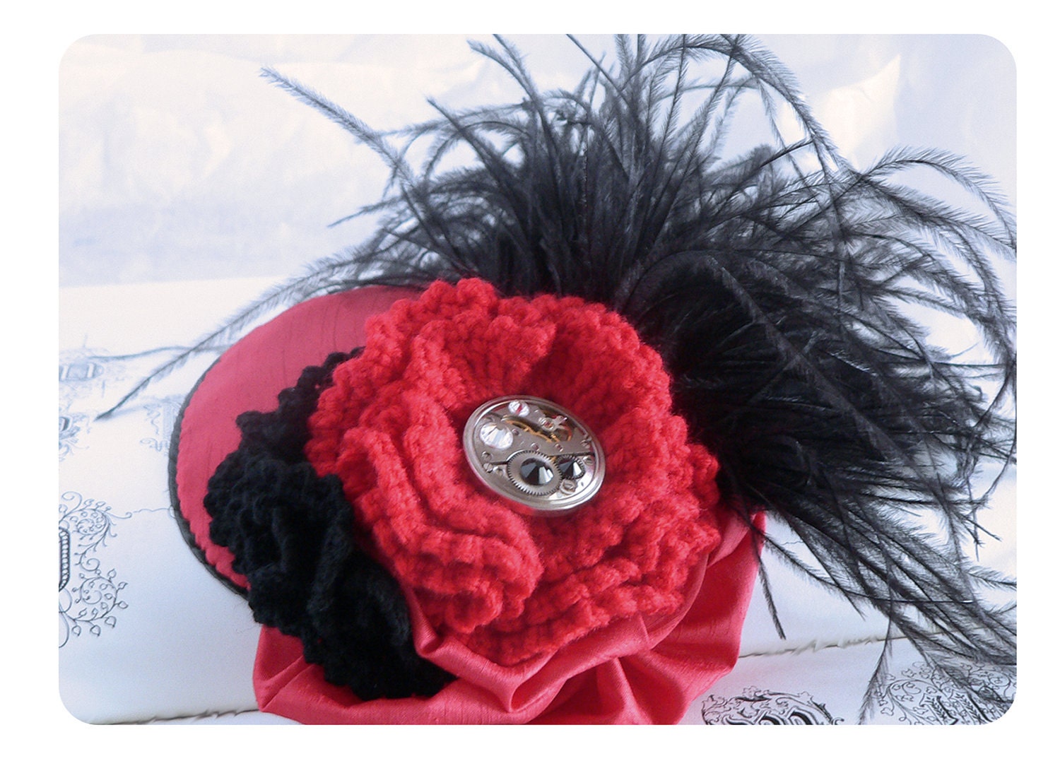 Red Fascinator Red Black Fascinator Steampunk Fascinator Black Feather Fascinator