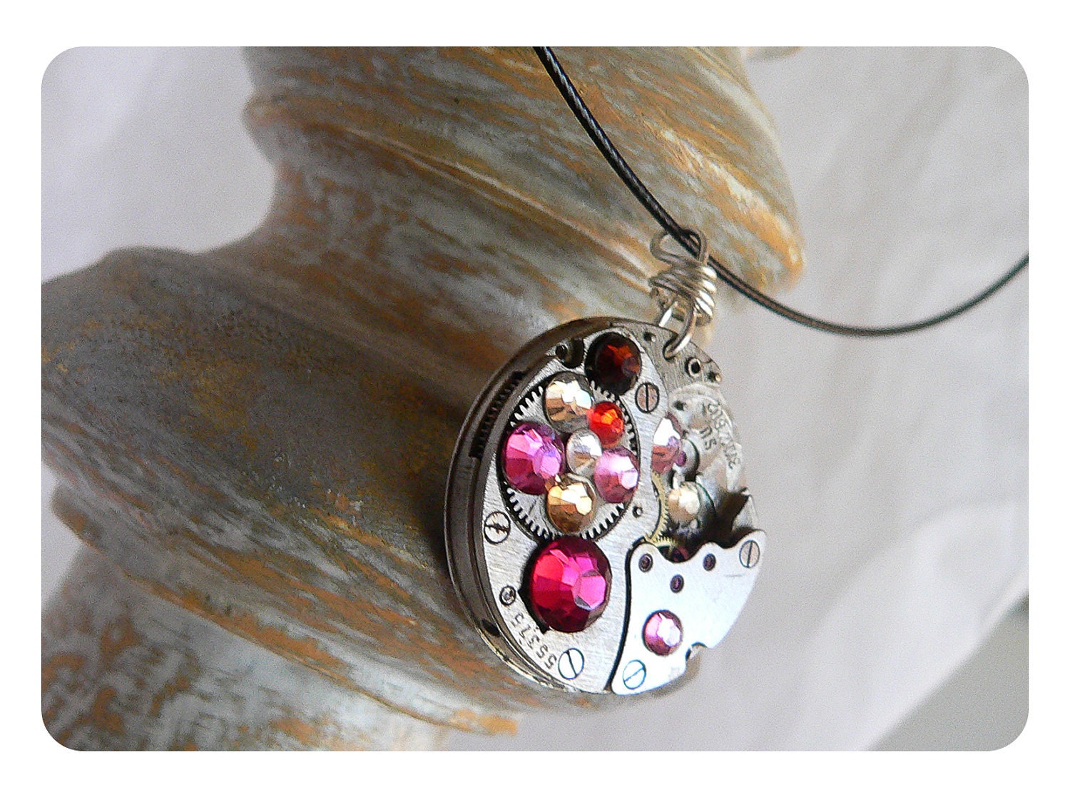 Steampunk Necklace Pendant Swarovski crystal Russian watchmovement watch necklace