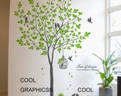 Green tree with birds and cage -vinyl wall decals tree wall sticker, bedroom wall decor, home decor wall hanging , white brown  grey branch