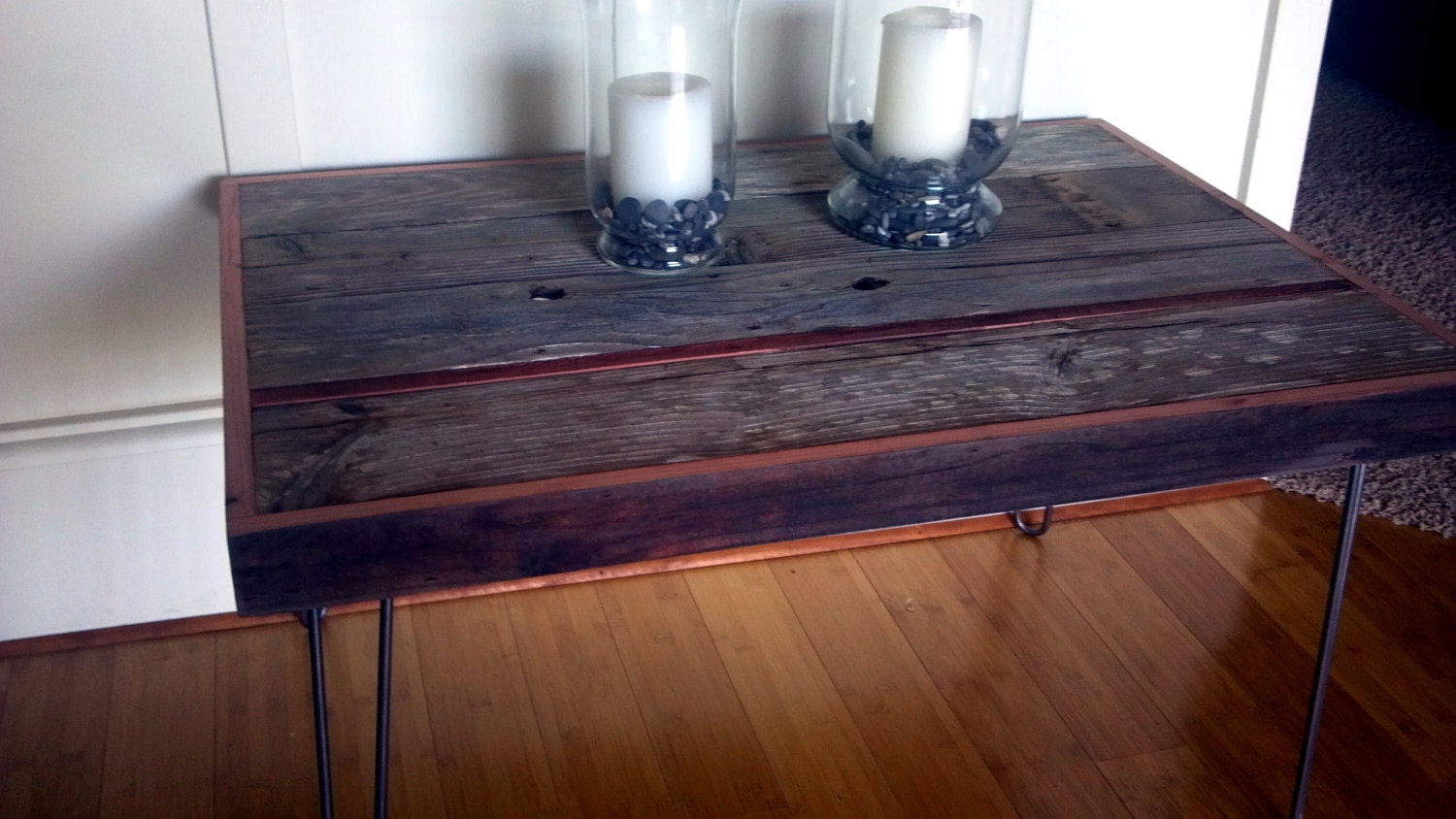 Barn Wood Side Table Coffee Table - Industrial Furniture - Modern Reclaimed Upcycled Rustic Wood with Vintage Steel Iron Hairpin Legs - OOAK