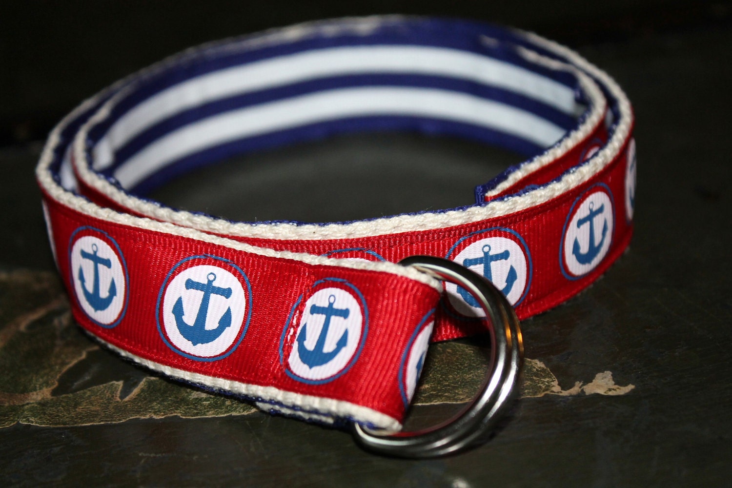 Preppy Stripe Ribbon Belt Reversible to Nautical Anchors KIDS