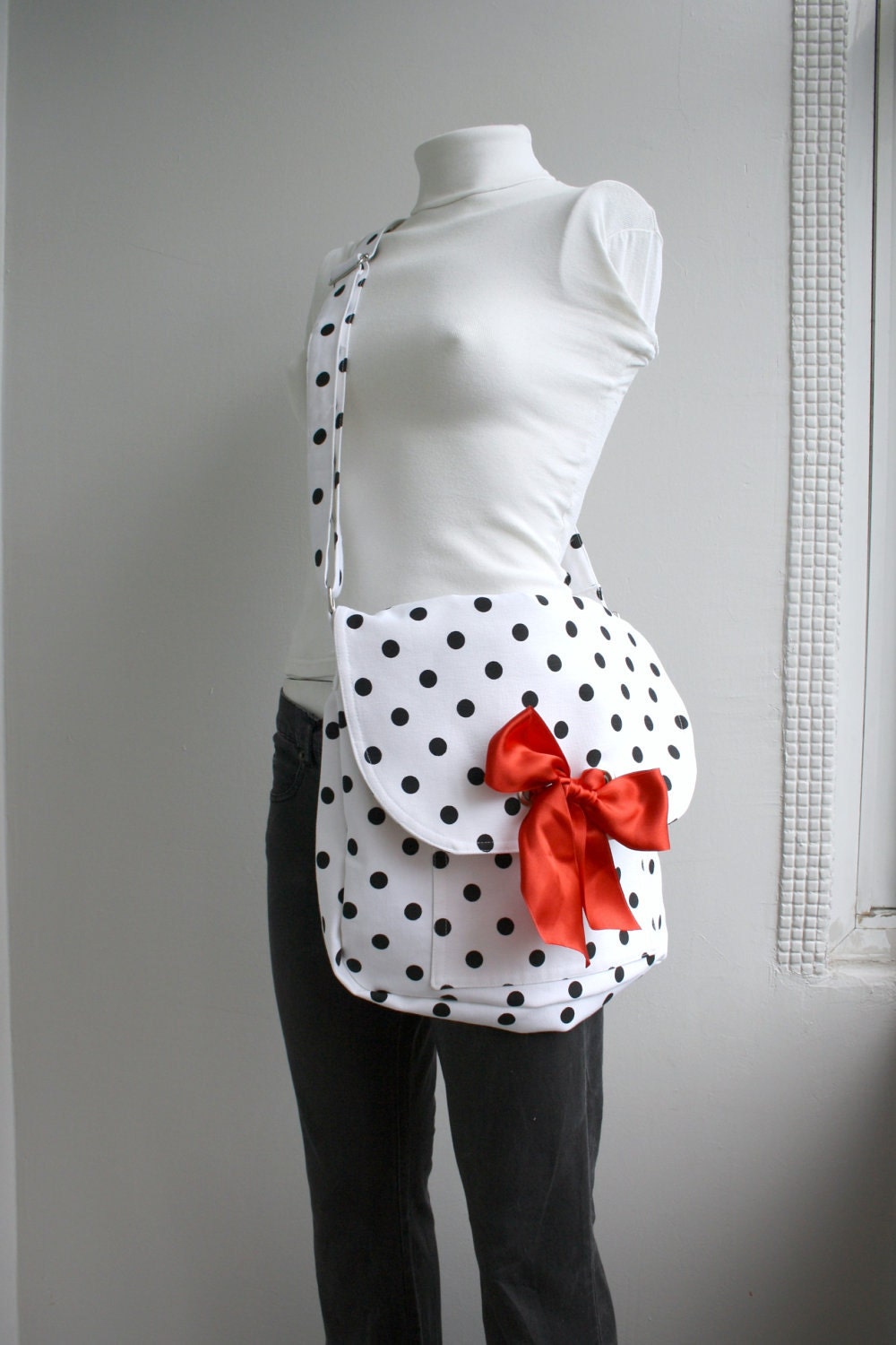 Black Polka Dot Large Messenger Red  Ribbon Bow  Bag Adjustable strap With Red Ribbon