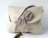 Beige  Messenger  Bag  Brown and White Gingham  Bow Adjustable strap For women for New Mom