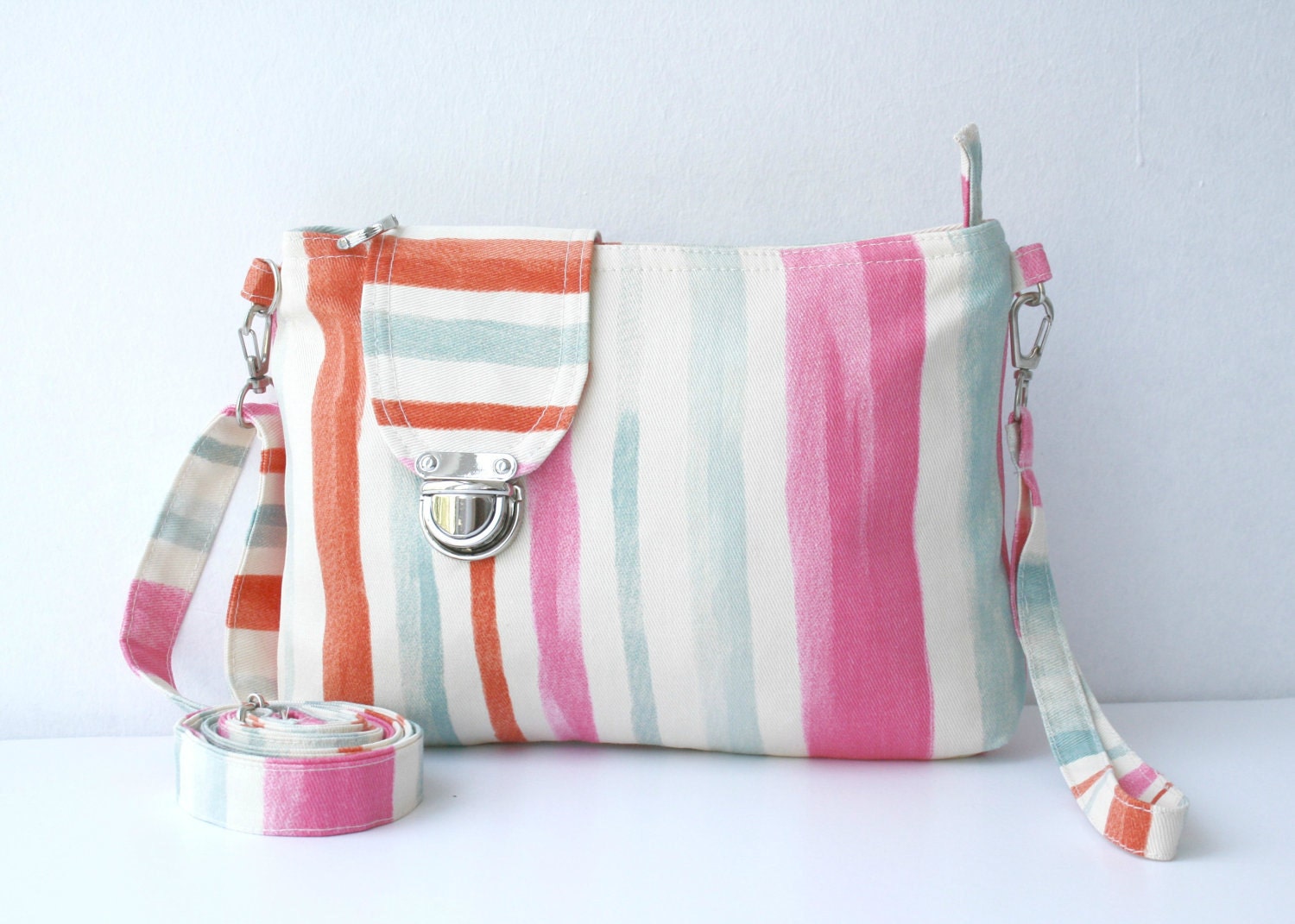 Colorful Striped Midi Messenger  Bag  Wirstlet and  shoulder Adjustable strap Zipper Closure