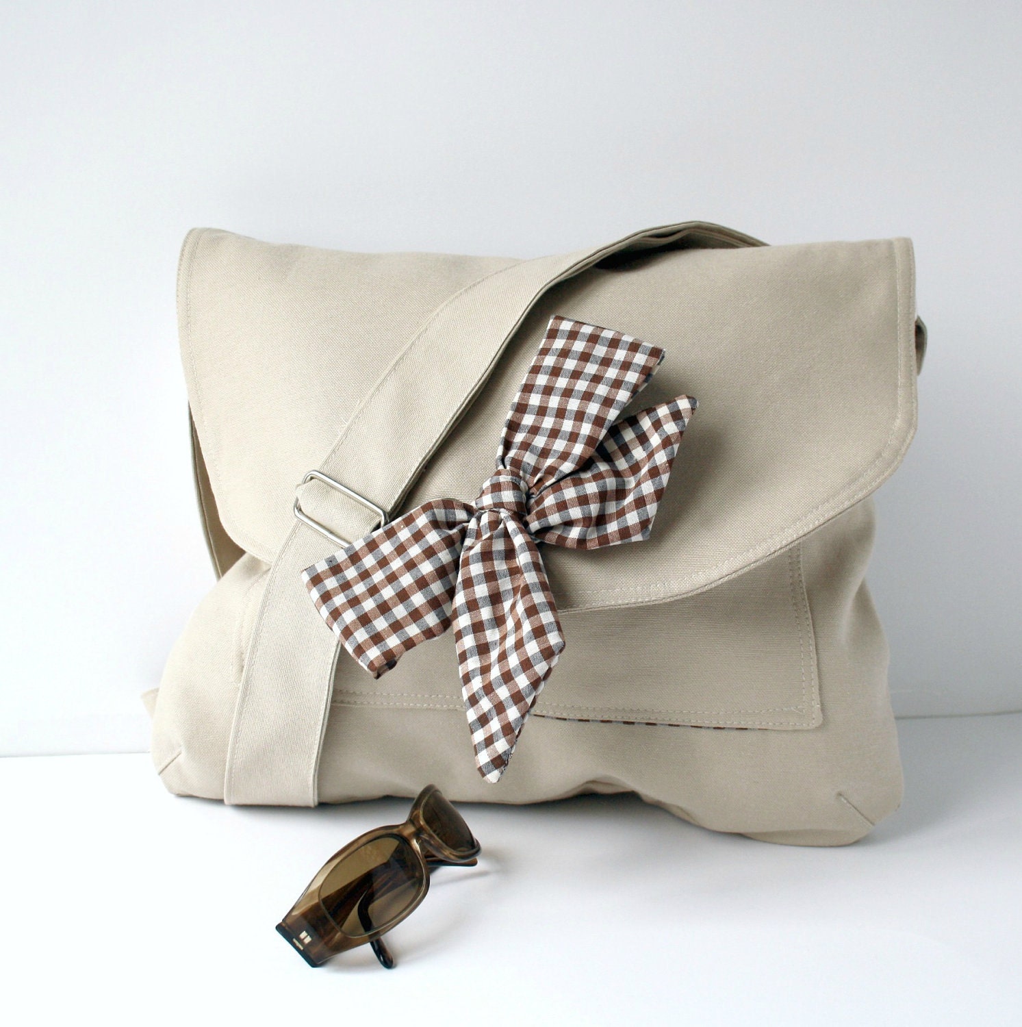 Beige Messenger Bag Brown and White Gingham Bow Adjustable strap For women for New Mom