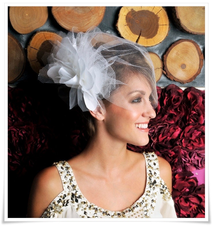 Flower Birdcage Veil-Elle, Ivory Wedding, Bridal, Flower, Headpiece, blusher veil