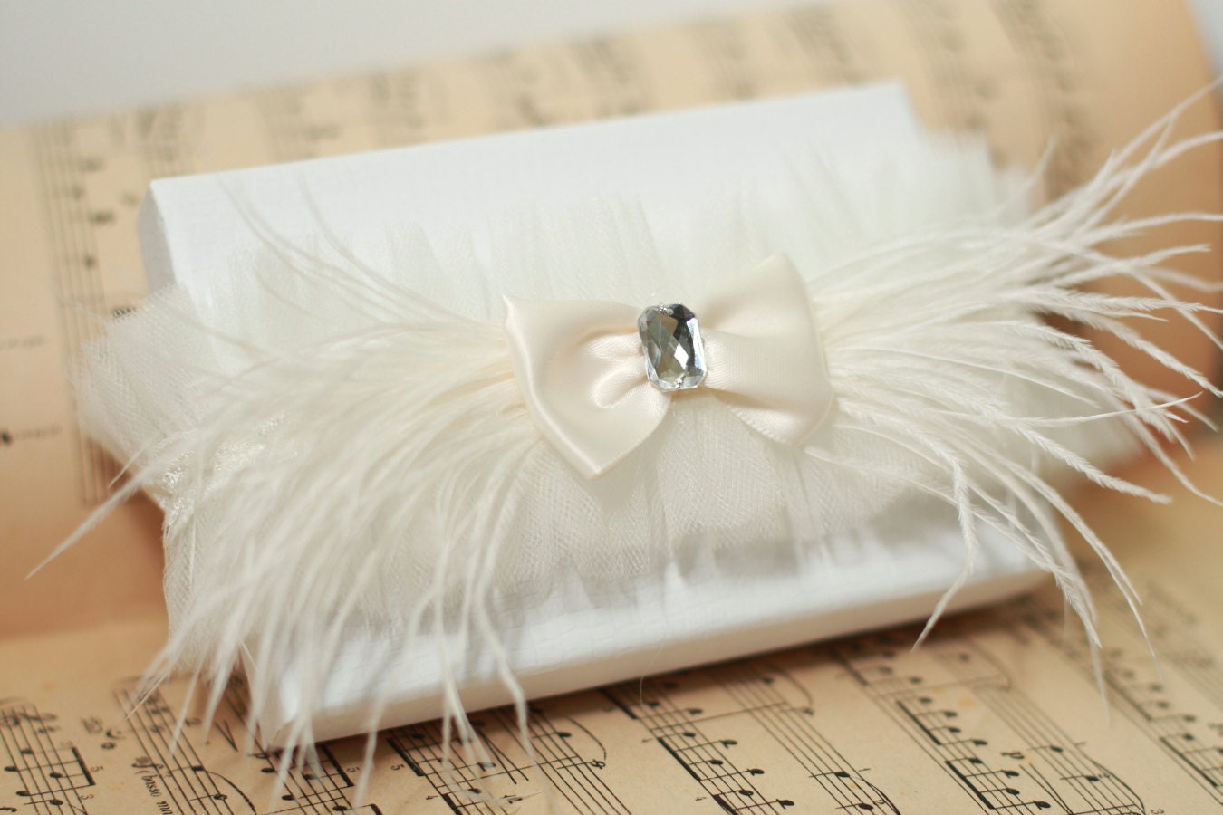 Wedding Garter Soft Ivory Ostrich Feathers Rhinestone Tulle