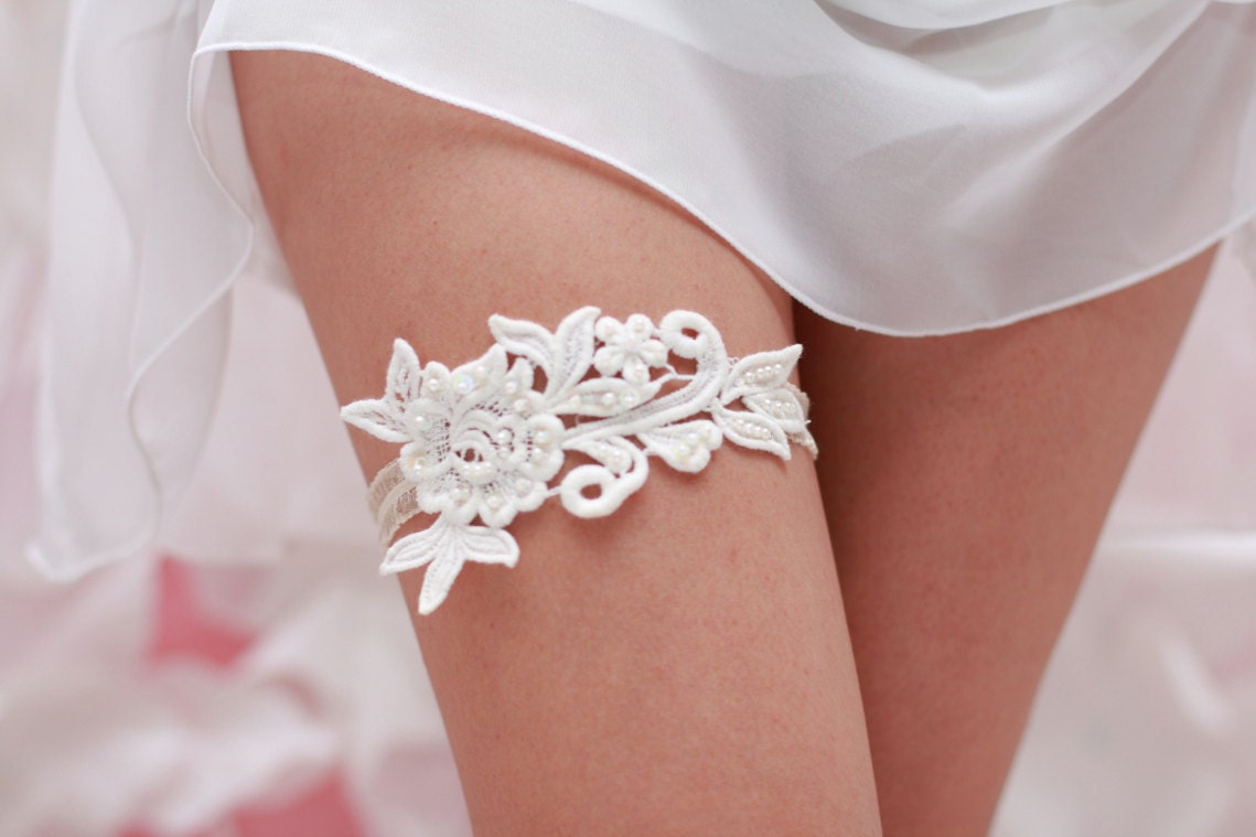 Wedding Garter Ivory Cotton Lace  with pearls and glass beads