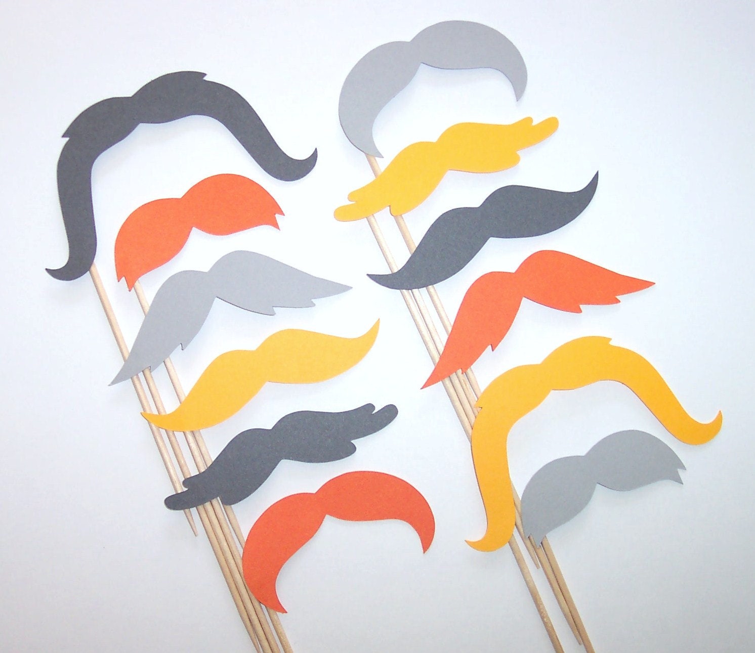 Mustache Cupcake Toppers  - Set of 12 Picks - Grey Orange Yellow
