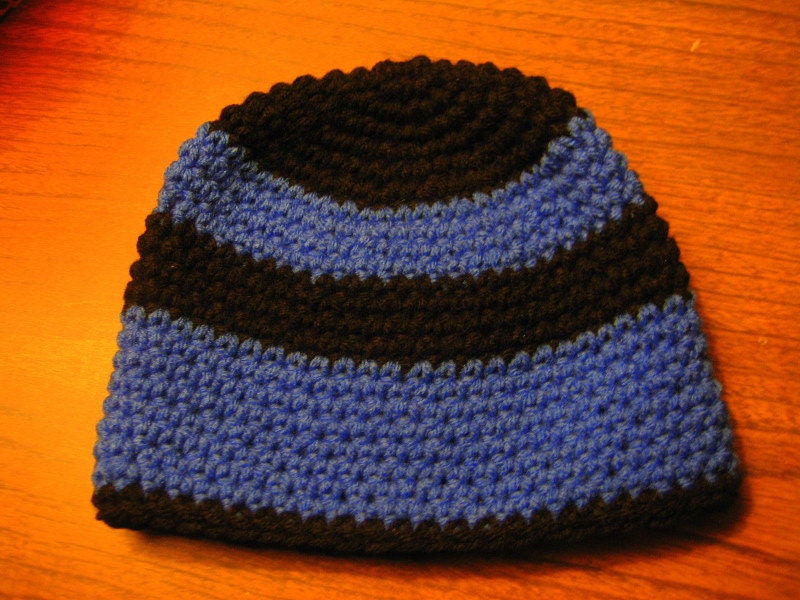 Hand Crochet Men And Boy's Skullcap  Beanie Hat Royal Blue and Black Fits 24 month-3T