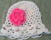 Crochet Baby Girl White Ruffle Hat  With A Pink Flower To Accent Made Ready to Ship 12-24month