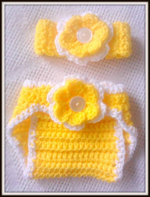 Newborn Baby Crochet Flower Hat & Diaper Cover Set Bright Yellow And White Trim
