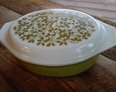 Oval Avocado Green Pyrex Covered Casserole Dish in "Mistletoe"
