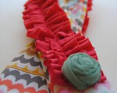 Camera Strap Cover for Camera- Colorful Scallop nt with Coral Double Ruffle and Rosette Pin and Lens Cap Pocket