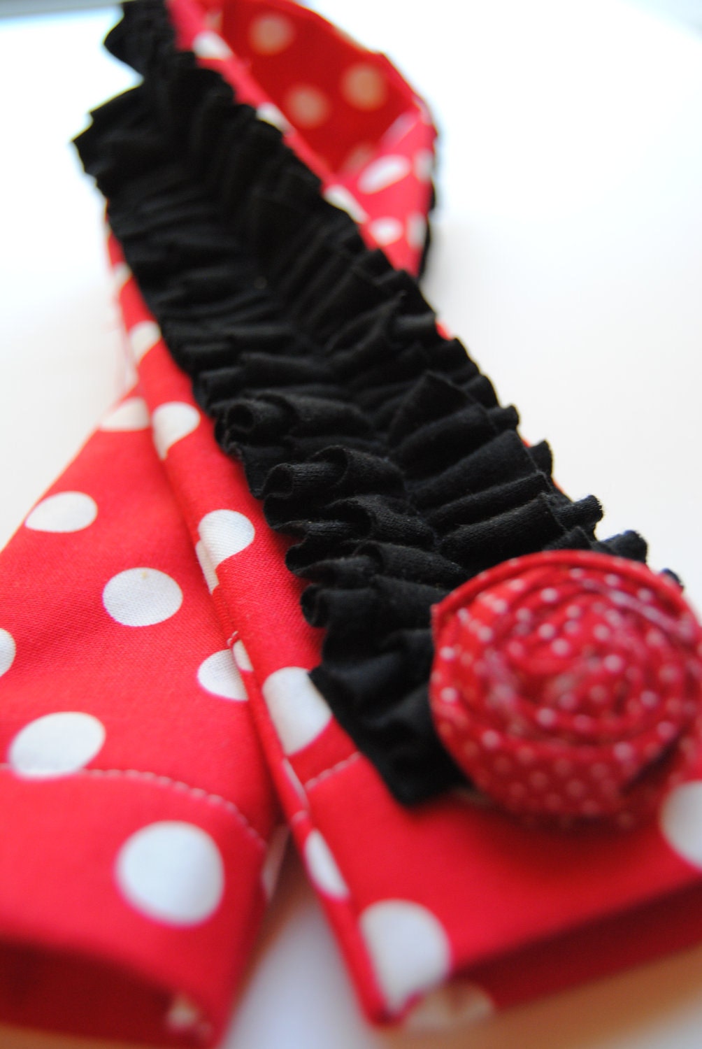 DSLR Ruffle Camera Strap Slip Cover-Red and White Polka Dot with Black Double Ruffle and Rosette Pin