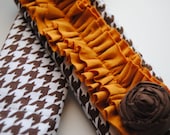 DSLR Camera Strap Cover- Brown and White Houndstooth and Mustard Yellow Double Ruffle and Rosette Pin and Lens Cap Pocket