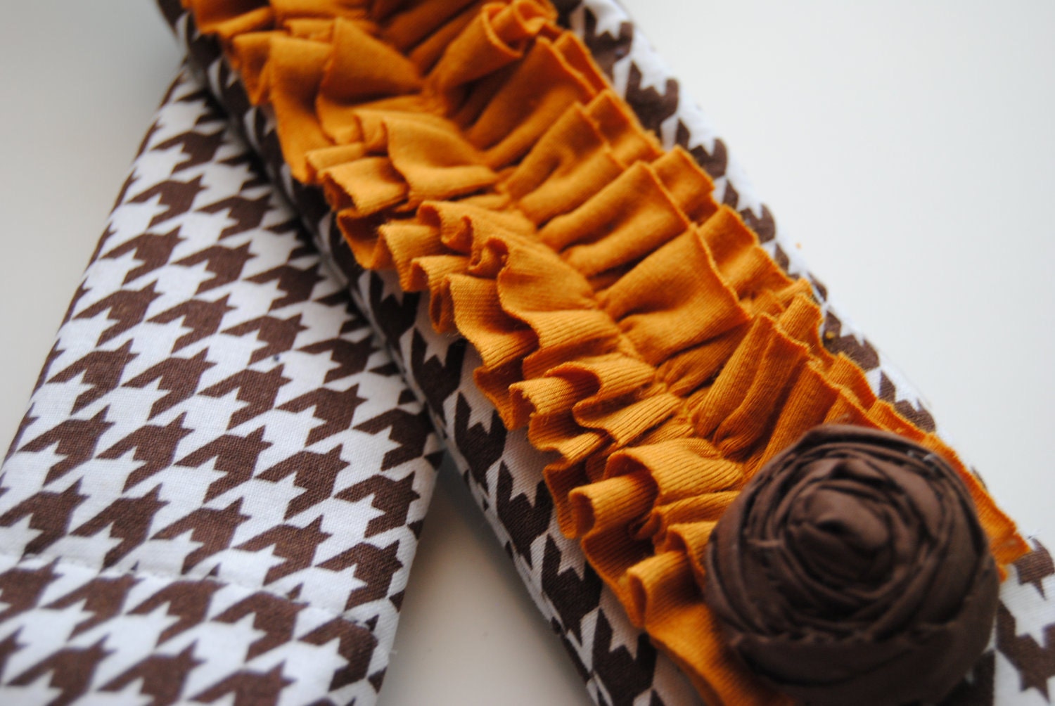 DSLR Camera Strap Cover- Brown and White Houndstooth and Mustard Yellow Double Ruffle and Rosette Pin and Lens Cap Pocket