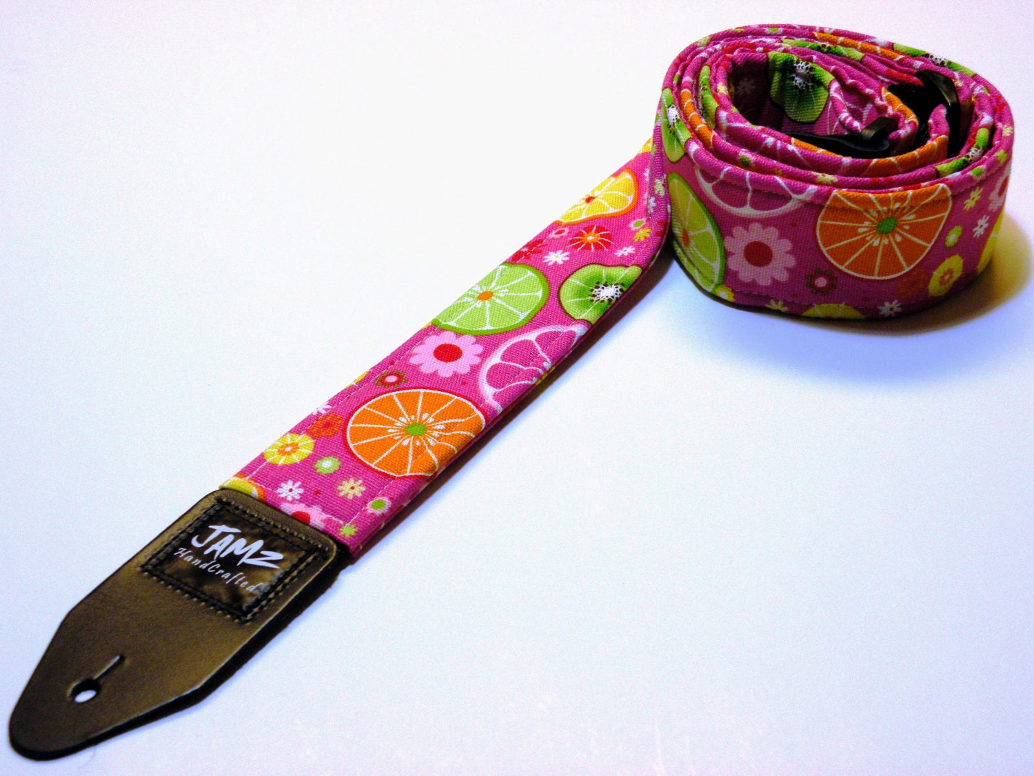 TOOTY FRUITY - Hot Pink - Pink Guitar Strap - Daisy Guitar - Oranges - Limes - Lemons