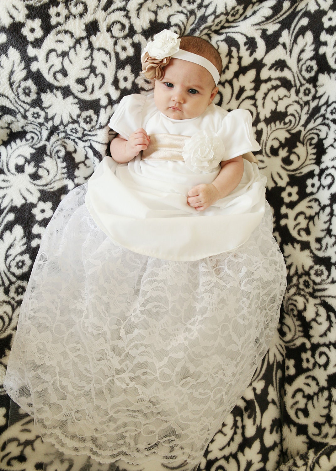 Historically inspired Lace, Satin and Cotton COLETTE  DRESS  SET with rose and hydrangea Headband
