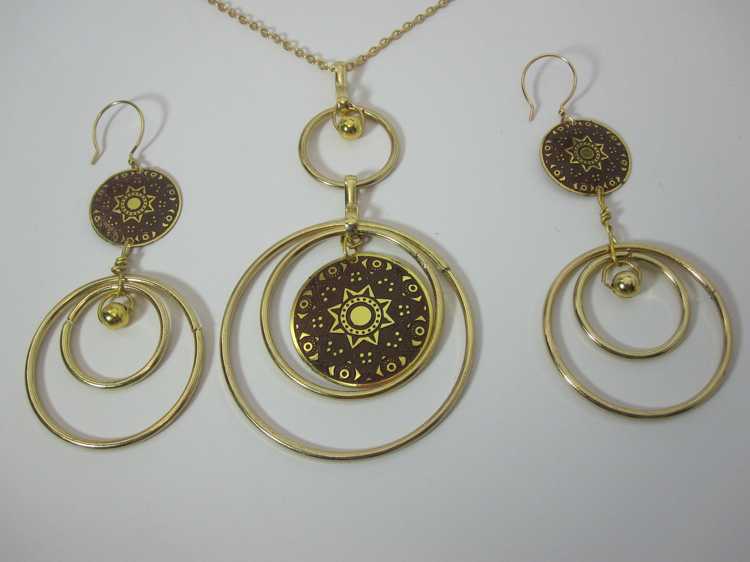 SALE One of a kind Hoop Earrings pendant necklace set ,Enamel Gold Hoop Dangle Earrings Necklace set