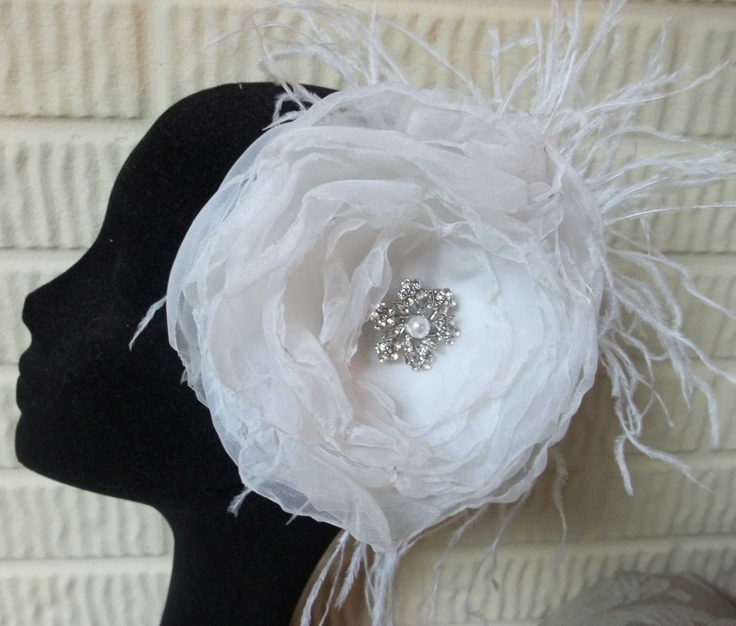 White Organza and Ostrich Feather Floral Wedding Fascinator Hairpiece