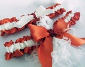 Red and White Satin Wedding  Bridal Garter Set with Ostrich Feathers