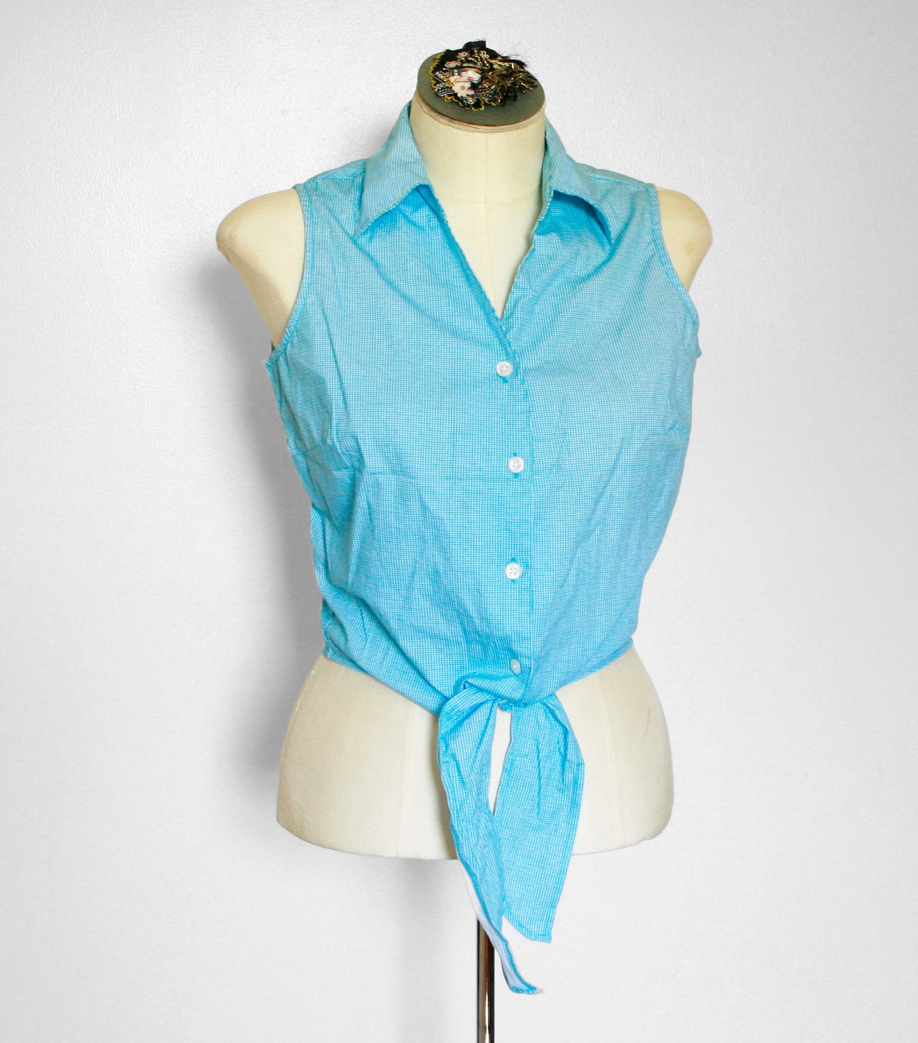 Aqua Gingham Tie Knot Shirt by Ellemenno Small/Medium