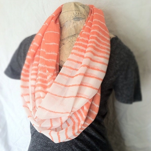 Coral, Salmon, Striped Infinity Circle Scarf (women, teen girl) FREE SHIPPING