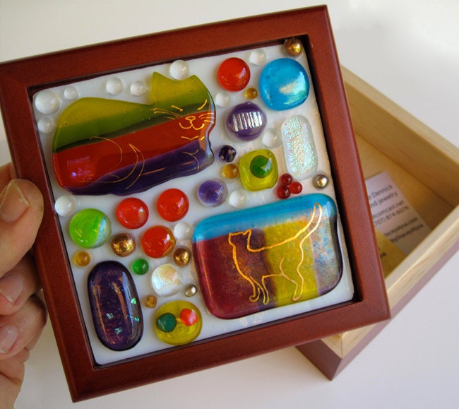 Fused glass cats, 18 k gold paint, wooden jewelry box with dichroic glass