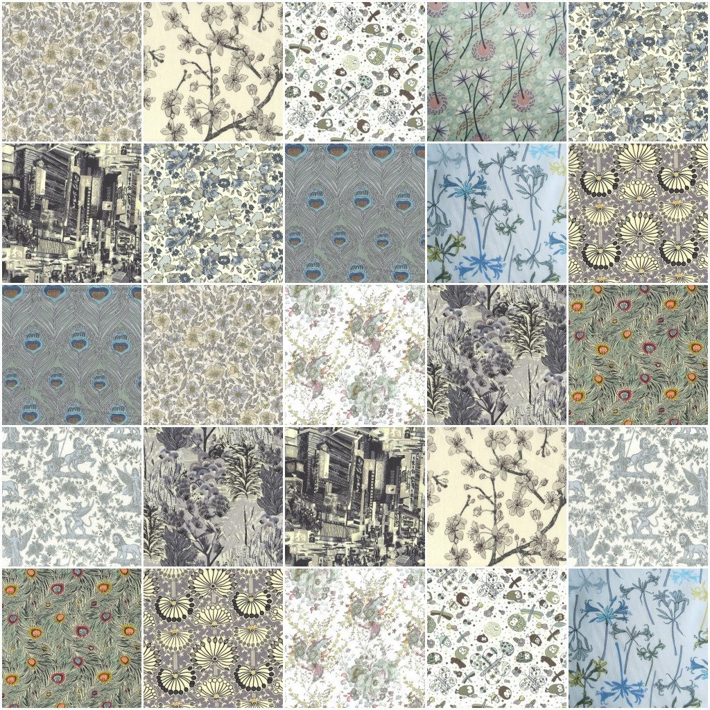 Liberty print charm pack in grey, blues and duck eggs, 36 5" patchwork squares for quilt