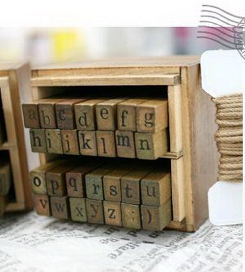 Wooden Rubber Stamp Box - Alphabet Stamps - Print Style - Lowercase Letters - 28 pcs