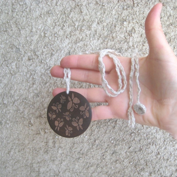Beach Wood Pendant Necklace Linen Macrame Carved Butterfly Jewelry Earth tones Natural color Rustic Boho Shabby chic Beach Eco friendly