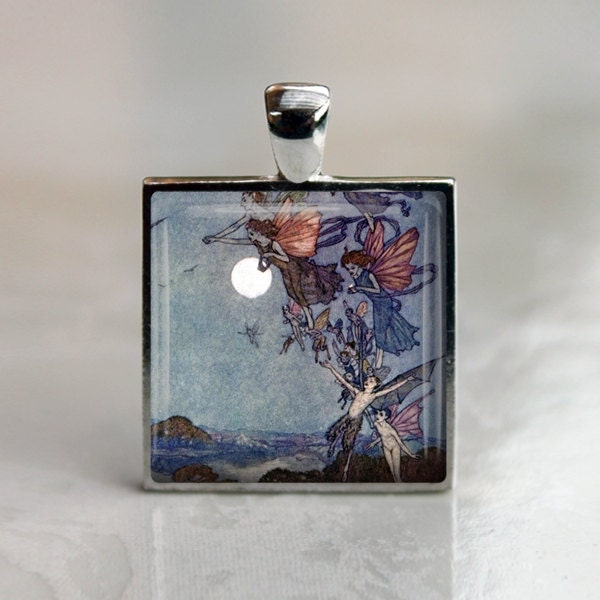 Flying Fairies and the Moon, Fantasy, Photo Pendant, Altered Art Pendant,  Glass Dome Pendant Necklace,  no 075-22