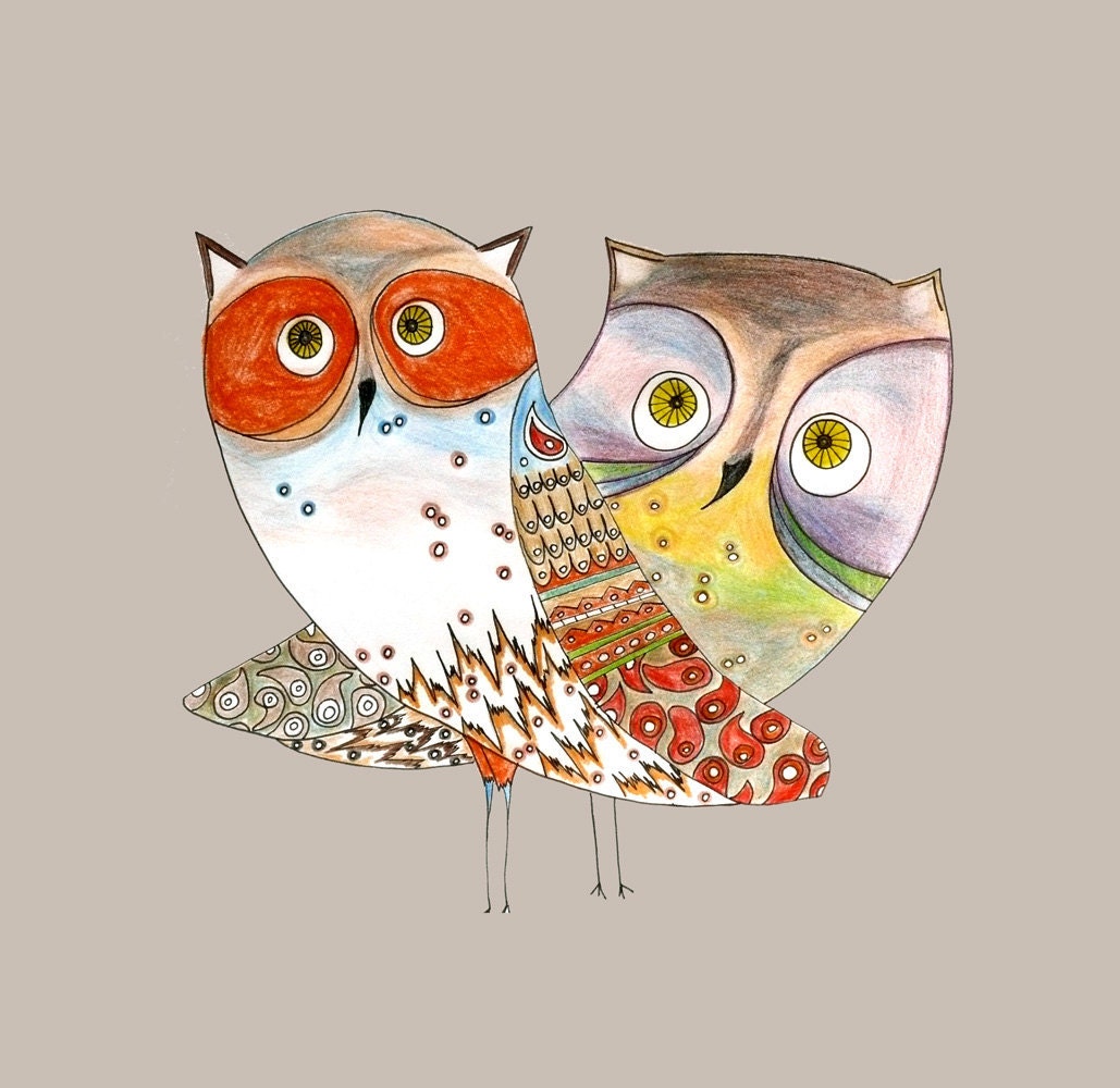 Art print - owl sisters print, owl art poster 8x10 by O2Optimist