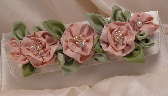 Bridal or Evening Clutch Bag in Ivory with Pink and Green Flowers Pearl Crystal Beaded Embelishments