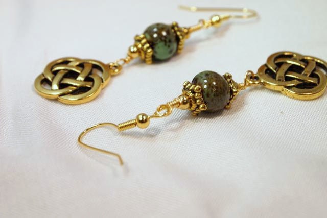 Gold Celtic Knots with Green Ceramic Beads Dangling Beaded Pierced Earring. CKDesigns.us