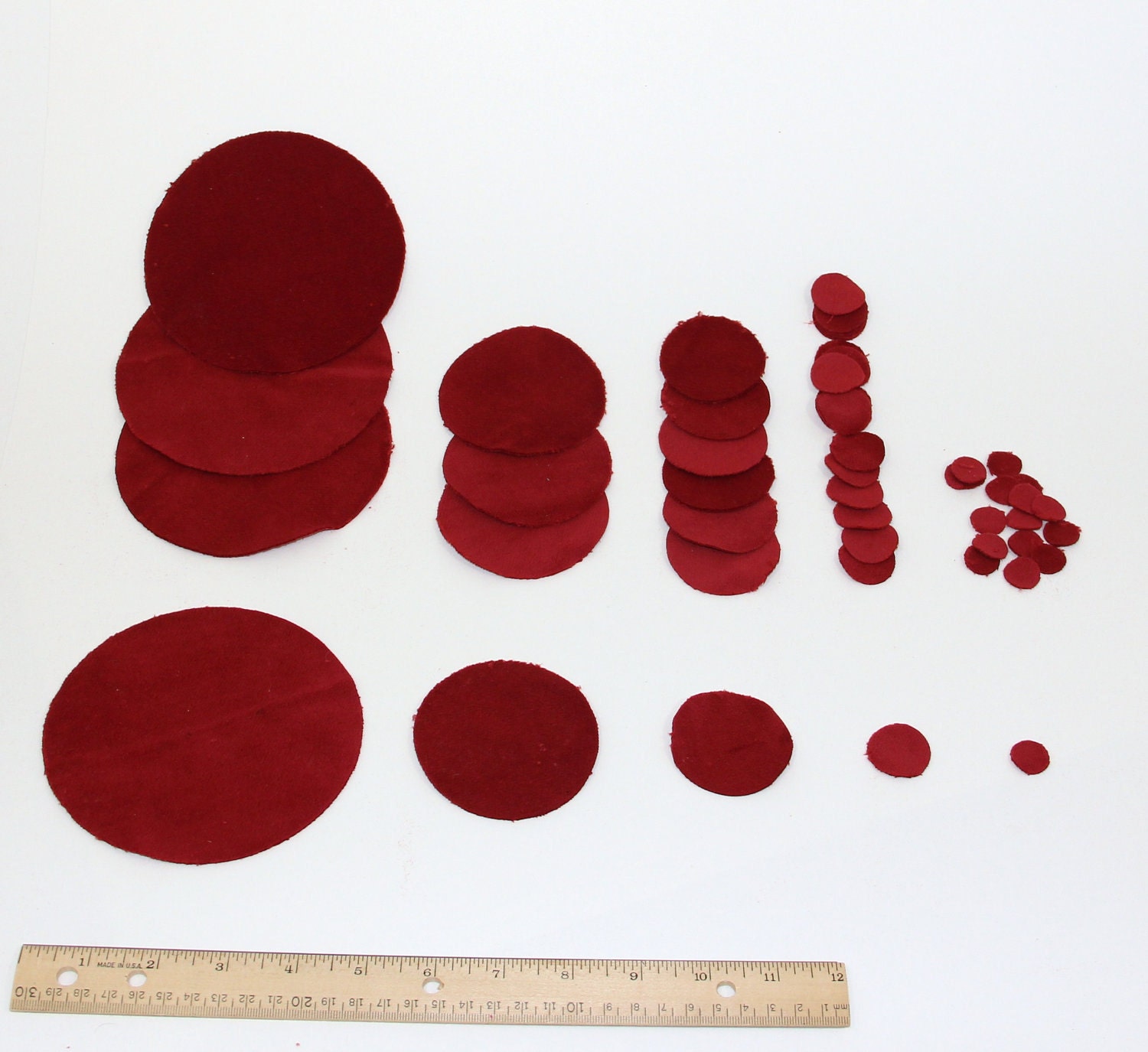 Crimson/Red Velvet Fabric Circles - Set of 43 Die-Cut Pieces