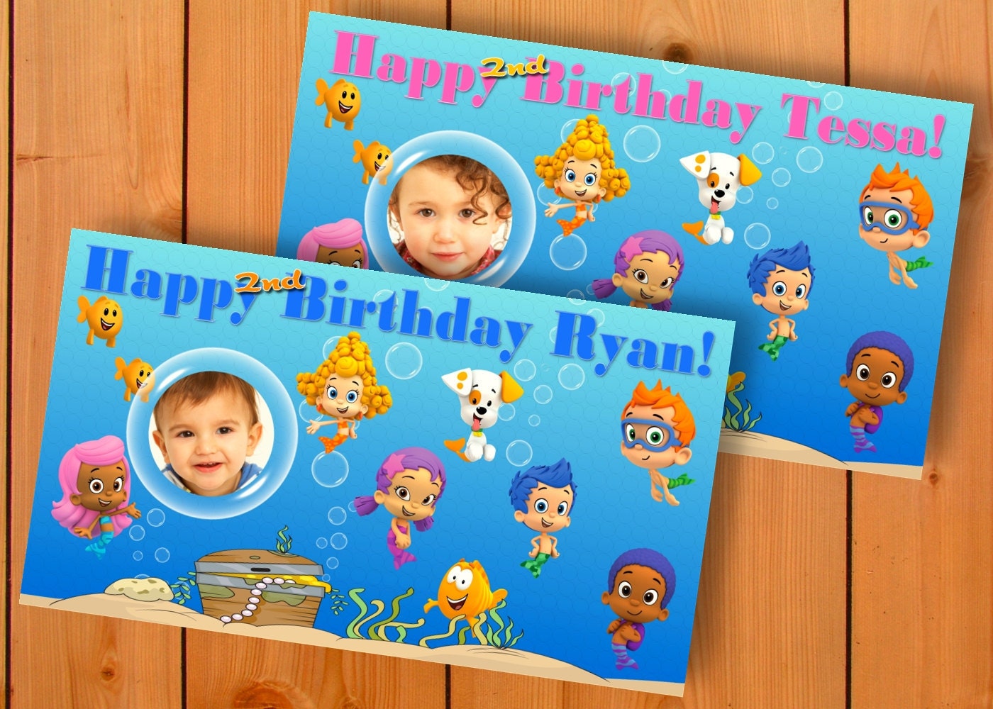 Bubble Guppies -w/child's photo- Personalized Custom Birthday Banner with a "free" printable DIY Thank You Note