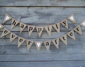 HAPPILY EVER AFTER burlap banner with white glittered hearts, lowercase