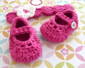 Baby Girl Booties - Modern Crocheted Fuchsia Mary Janes - Matching Flowered Headband - Infant 0 to 3 Months Size 1 Shoe - Gift Boxed