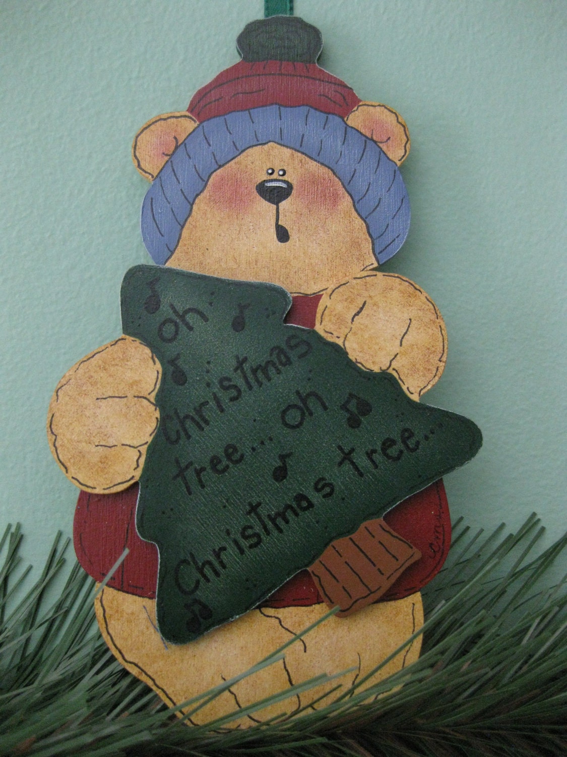 Wood Hand Painted Bear Christmas Holiday Decoration Ornament