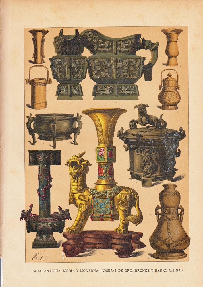 Chinese Artifacts Color Lithograph Antique Plate 1894