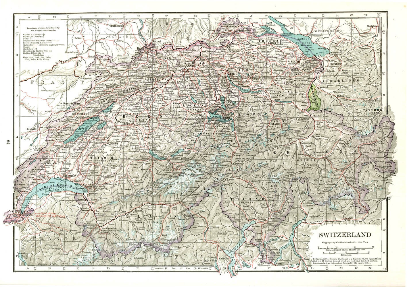 Switzerland Vintage Map Large to Frame 1930s