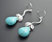 Cute Turquoise and Leaf Silver Earrings